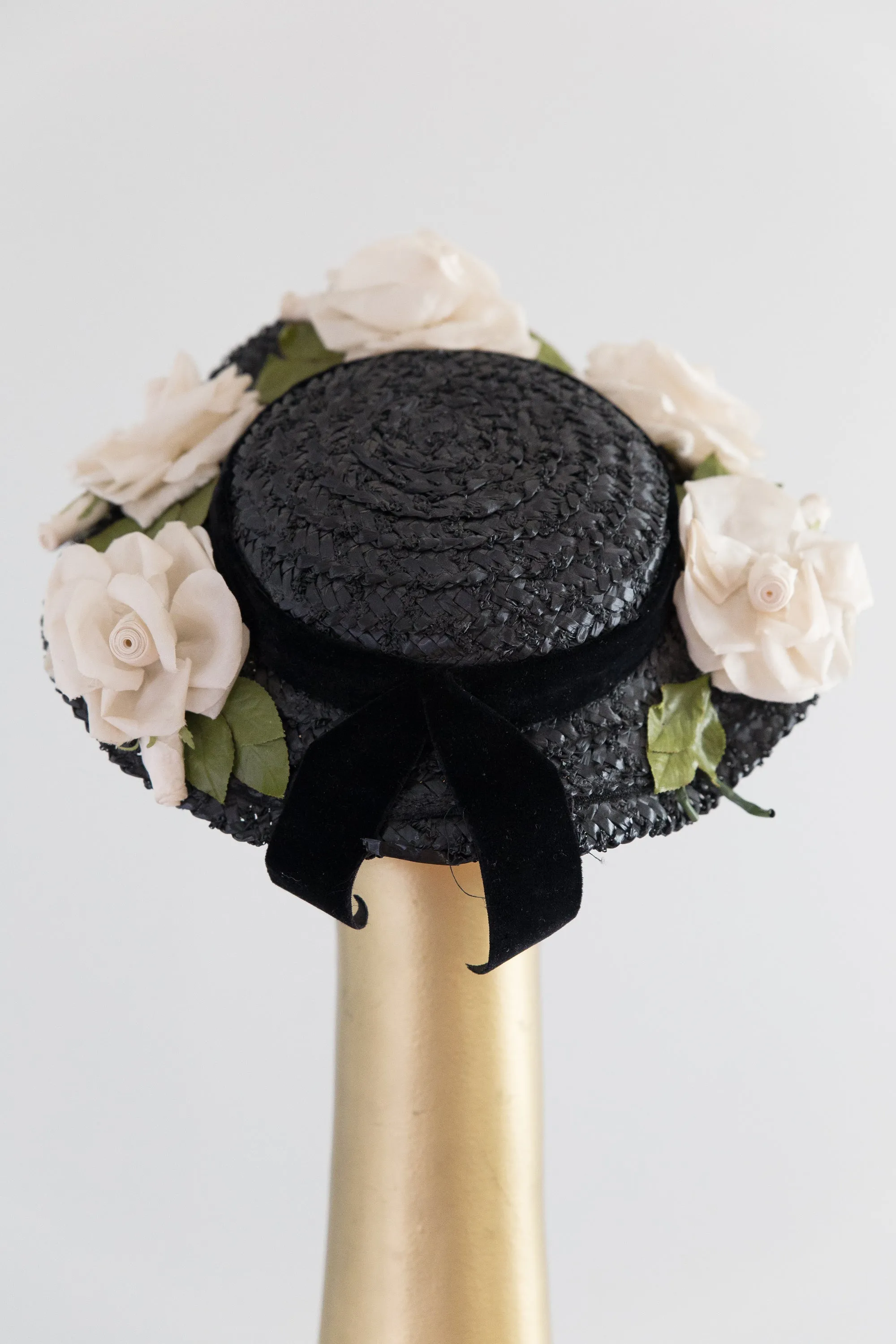 1950's Perfect Mary Poppins Hat Black Straw With White Roses