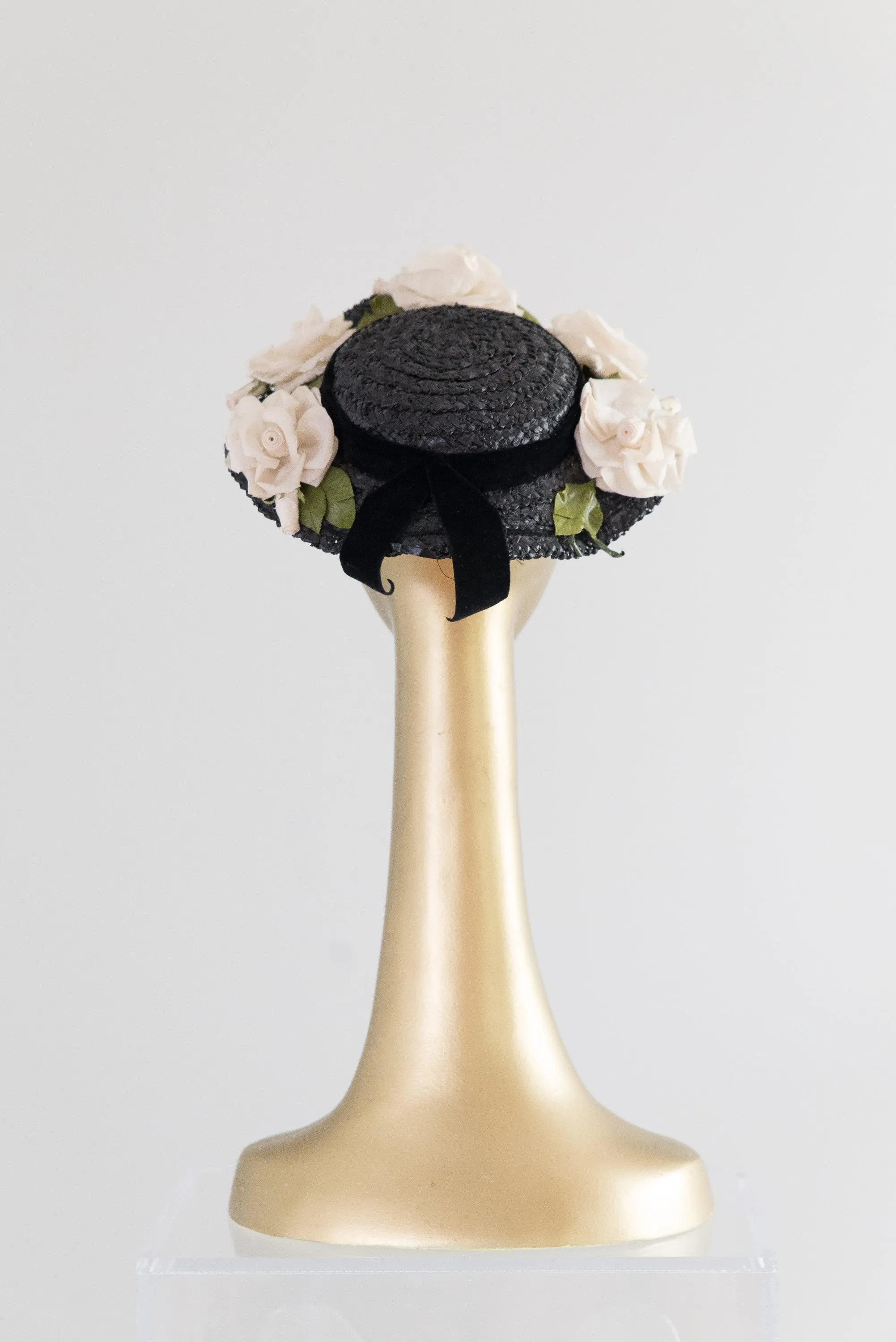 1950's Perfect Mary Poppins Hat Black Straw With White Roses