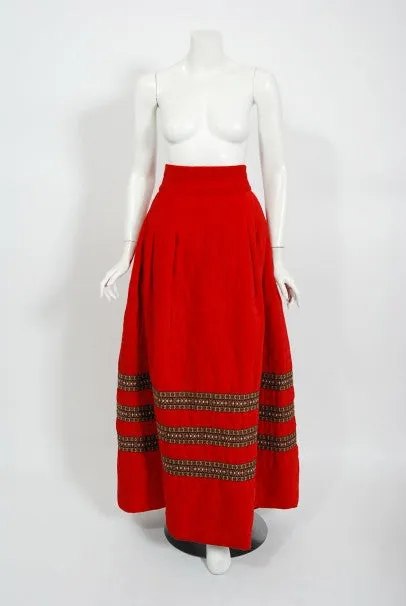 1970 Adolfo Couture Red Embroidered Velvet Bell-Sleeve Blouse & Maxi Skirt Set