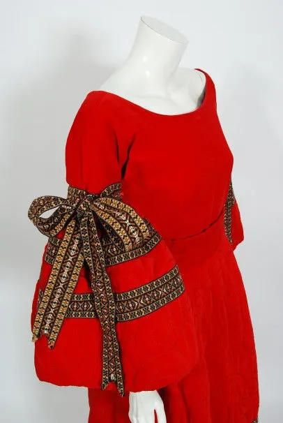 1970 Adolfo Couture Red Embroidered Velvet Bell-Sleeve Blouse & Maxi Skirt Set