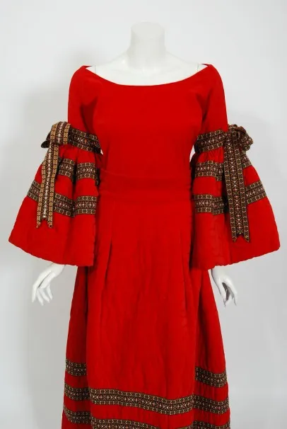 1970 Adolfo Couture Red Embroidered Velvet Bell-Sleeve Blouse & Maxi Skirt Set