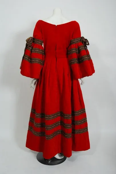 1970 Adolfo Couture Red Embroidered Velvet Bell-Sleeve Blouse & Maxi Skirt Set