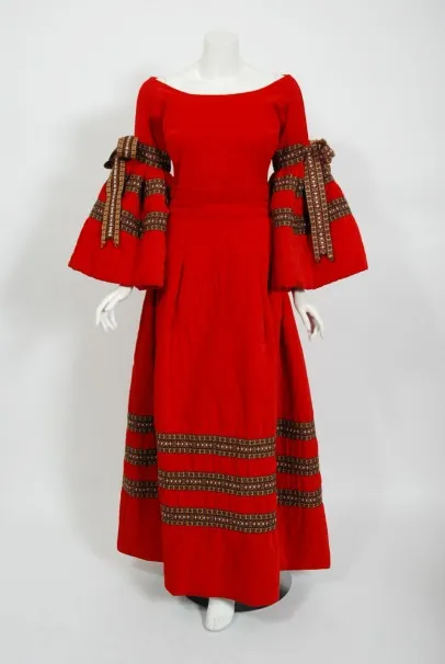 1970 Adolfo Couture Red Embroidered Velvet Bell-Sleeve Blouse & Maxi Skirt Set