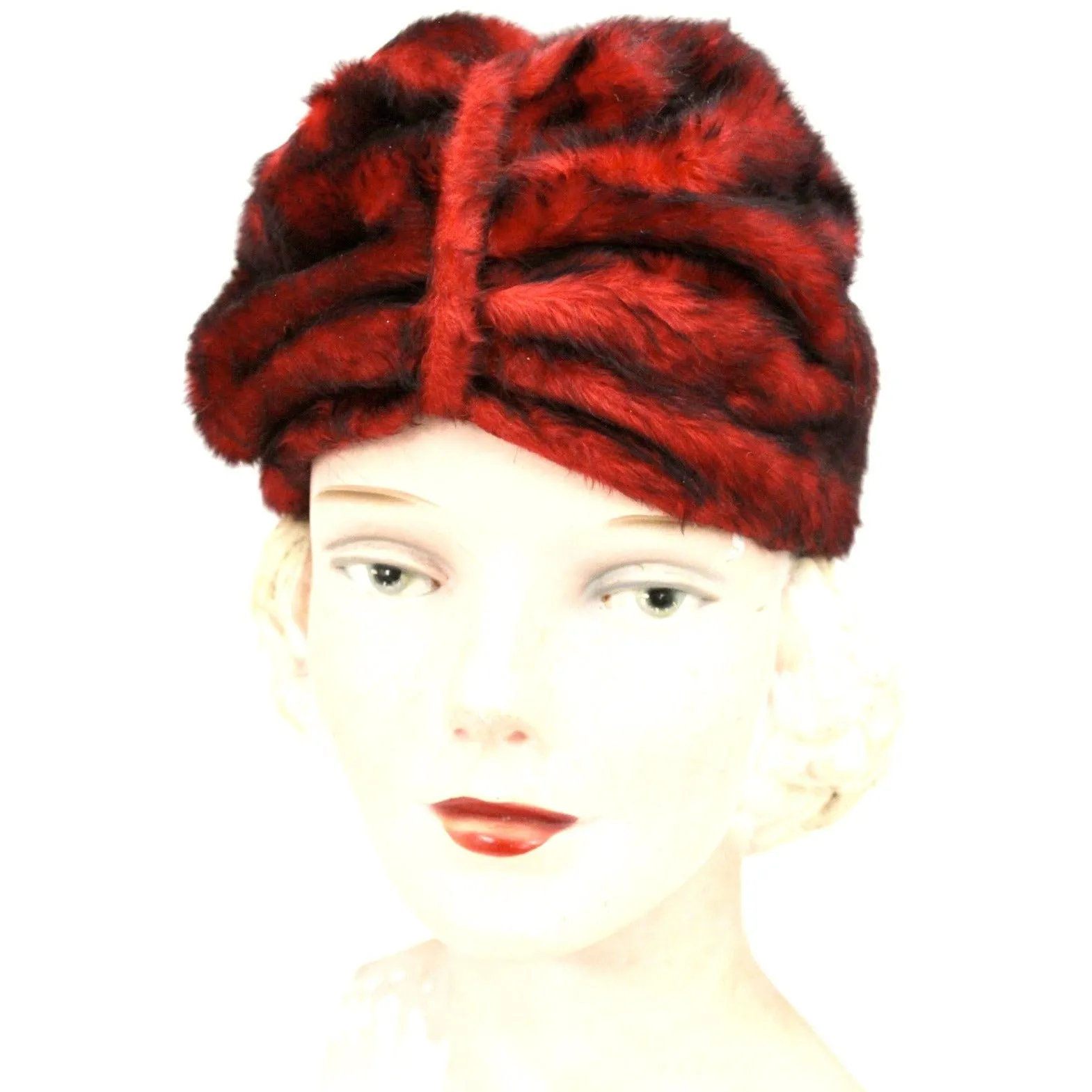 50s VTG Red Black Fur Felt Hat Turban Pillbox Cloche Montezuma Austria  Church S