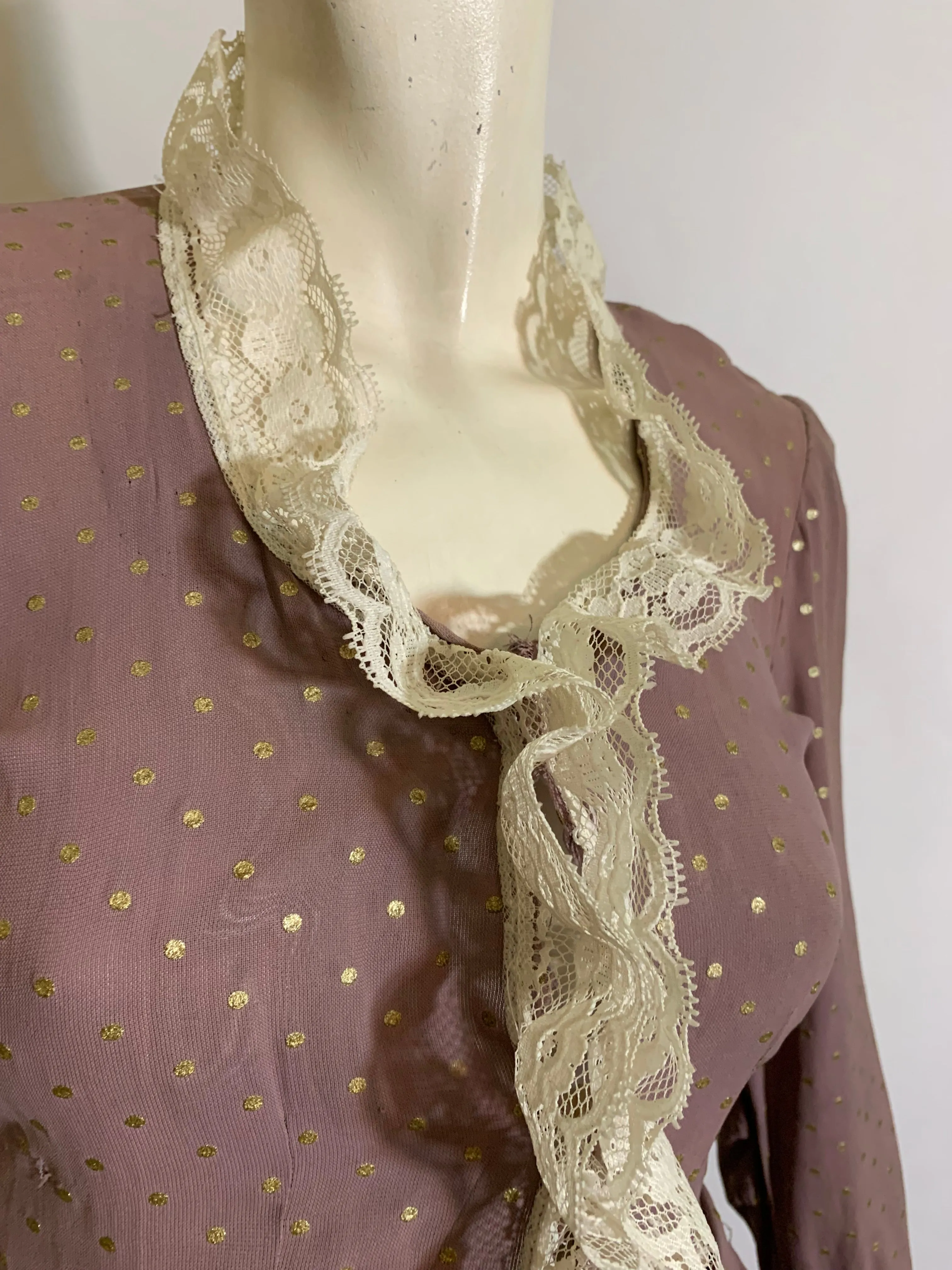 Antiqued Violet Rayon Robe with Metallic Gold Polka Dots and Lace circa 1940s