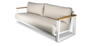 Aruba 3 Seater with Synthetic Leather Inset, Teak Arms, Stone Olefin Cushions and Aluminium Frame