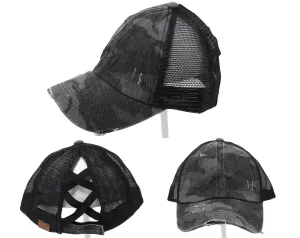 Authentic Black Camouflage CC Beanie CrissCross High Ponytail Trucker Hat Camo Distressed Wash Denim