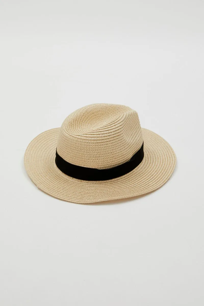 Beige Woven Boater Hat