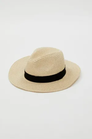 Beige Woven Boater Hat