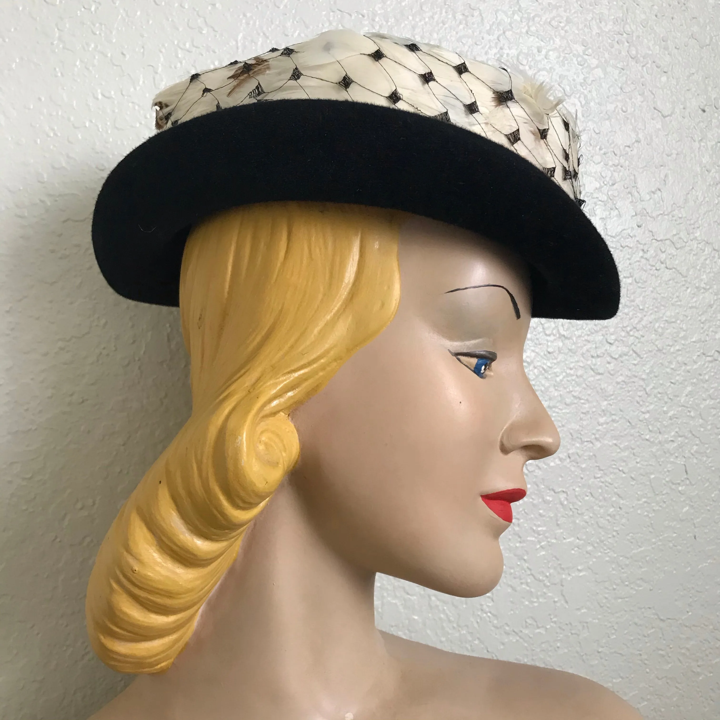 Black Boater Style Hat with Feathers circa 1940s