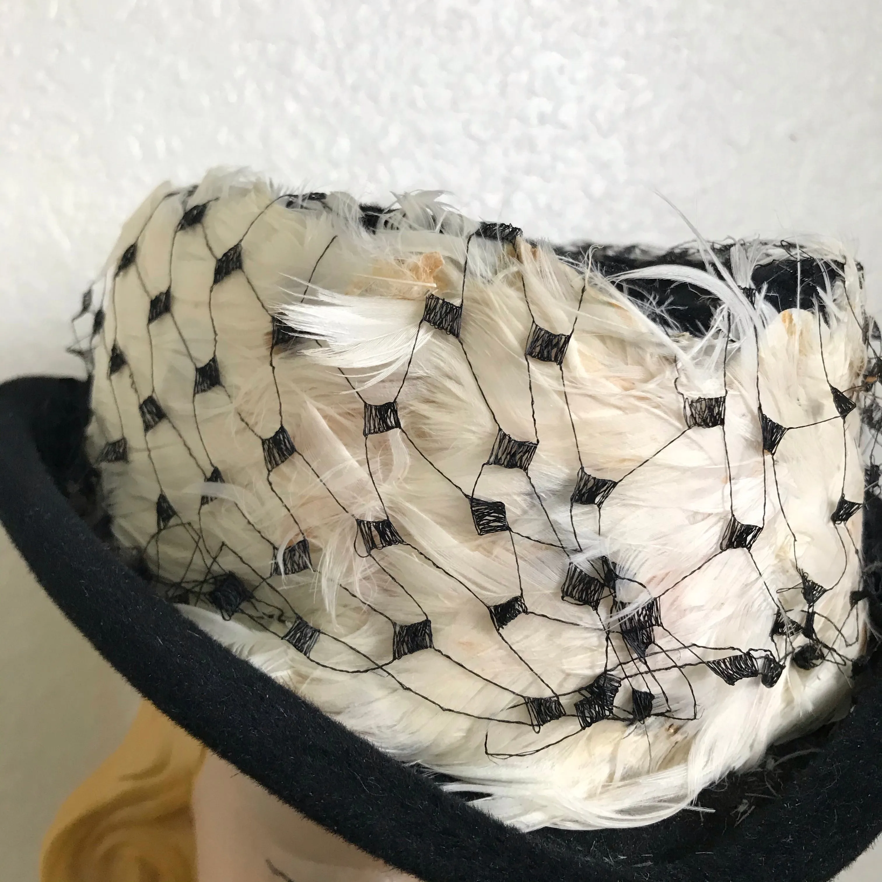 Black Boater Style Hat with Feathers circa 1940s