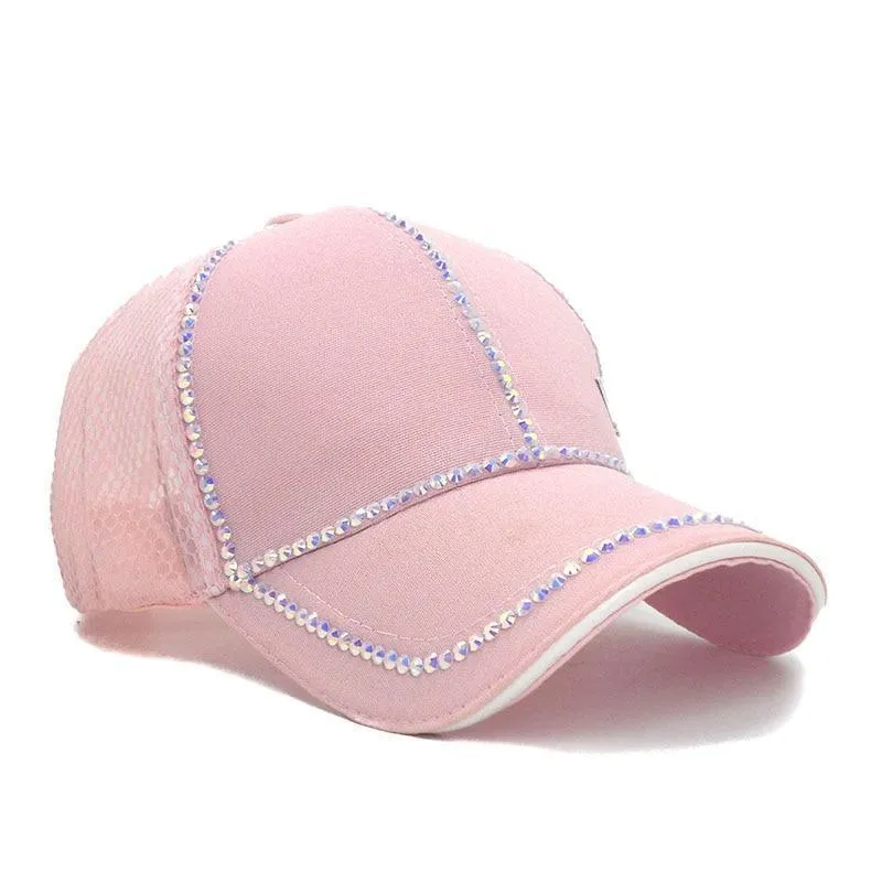 Bling baseball Cap, Women Breathable, adjustable Cap, Glam jewel sparkle hat in Pink white