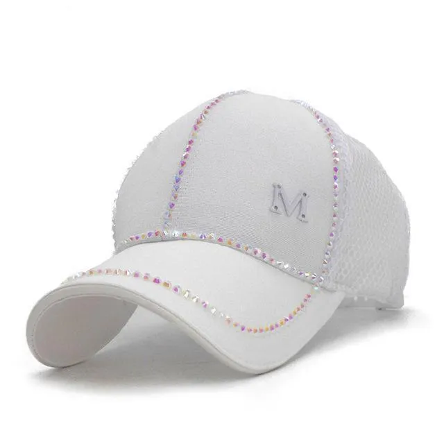 Bling baseball Cap, Women Breathable, adjustable Cap, Glam jewel sparkle hat in Pink white