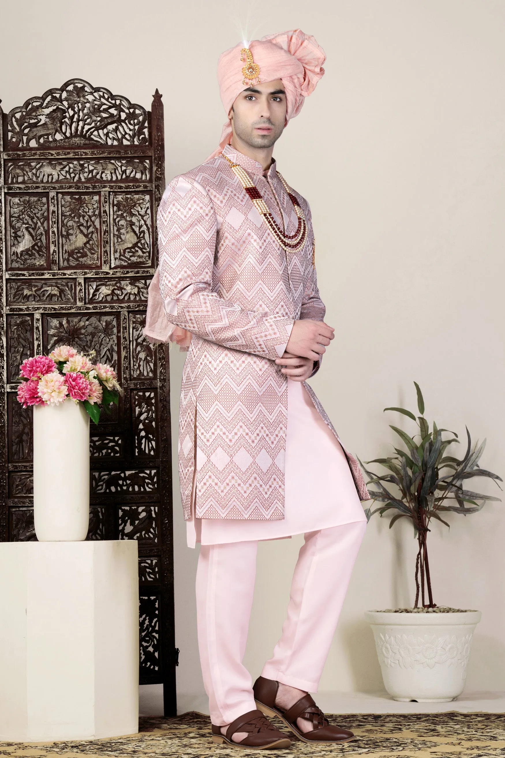 Blossom Pink Thread and Chevron Sequin Embroidered Indo-Western Sherwani