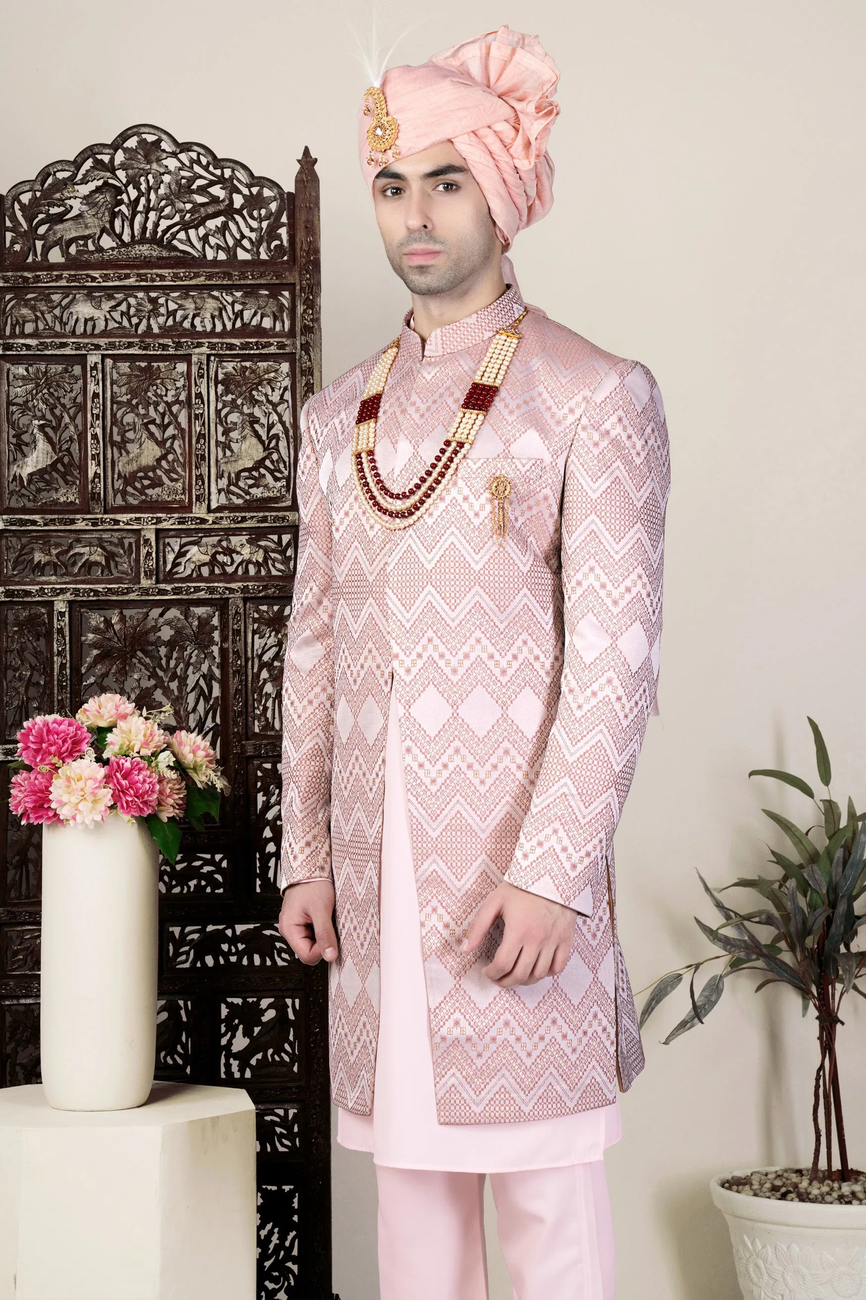 Blossom Pink Thread and Chevron Sequin Embroidered Indo-Western Sherwani