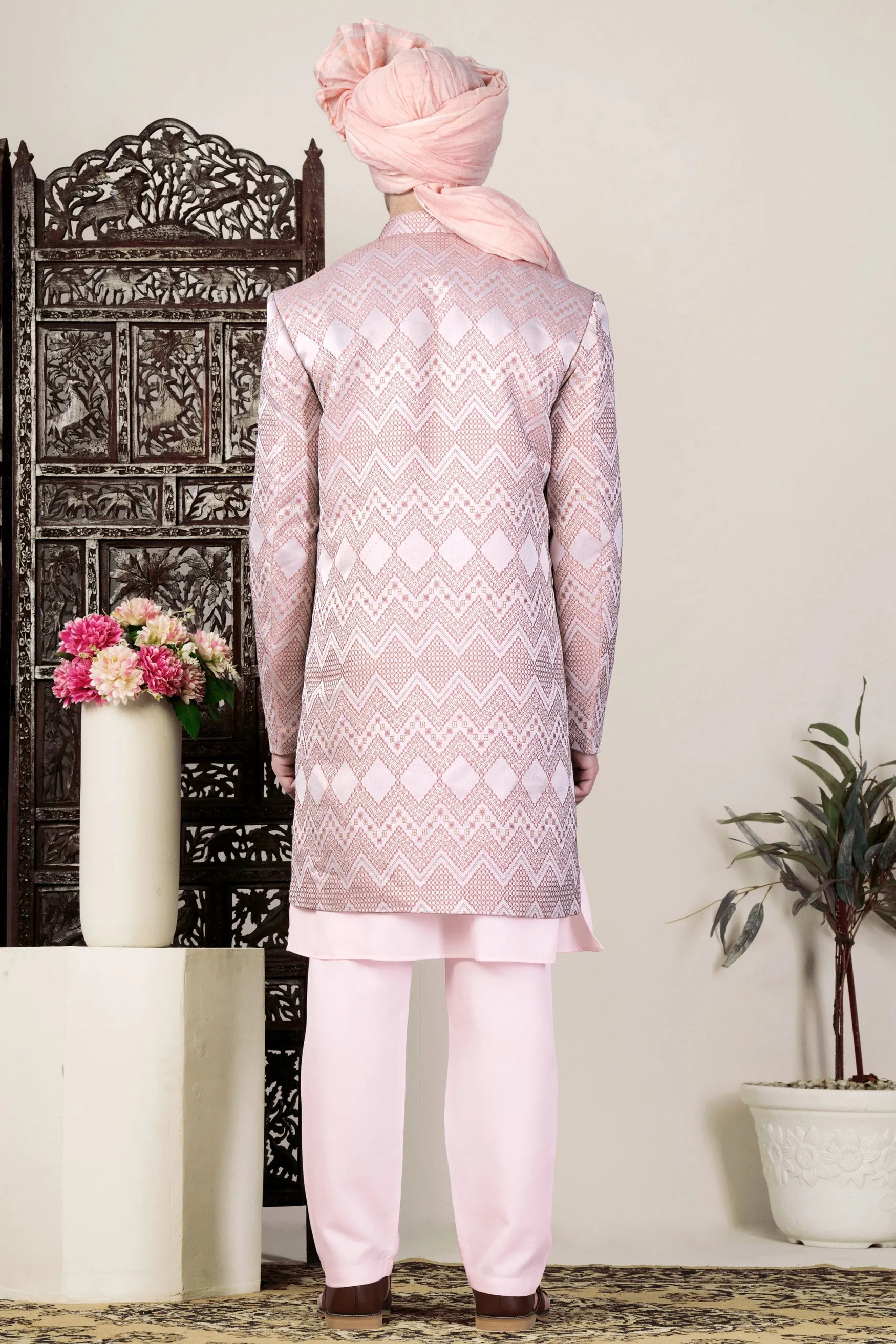 Blossom Pink Thread and Chevron Sequin Embroidered Indo-Western Sherwani