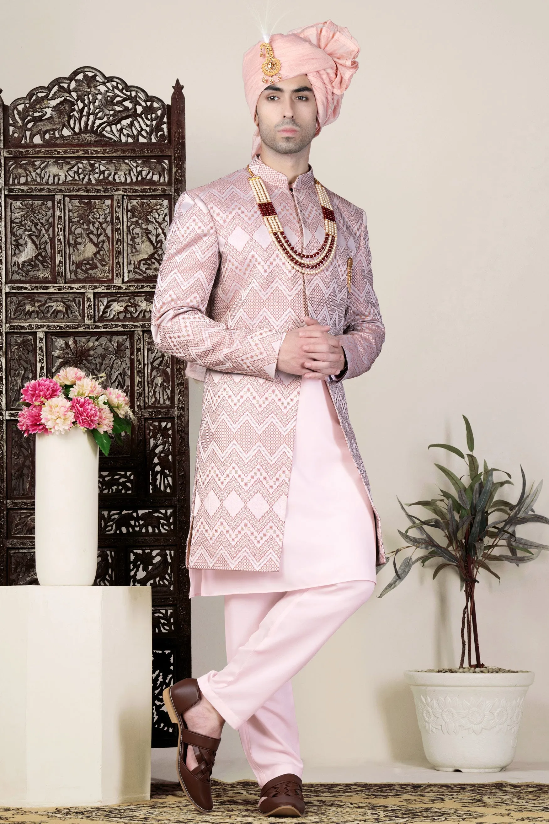 Blossom Pink Thread and Chevron Sequin Embroidered Indo-Western Sherwani