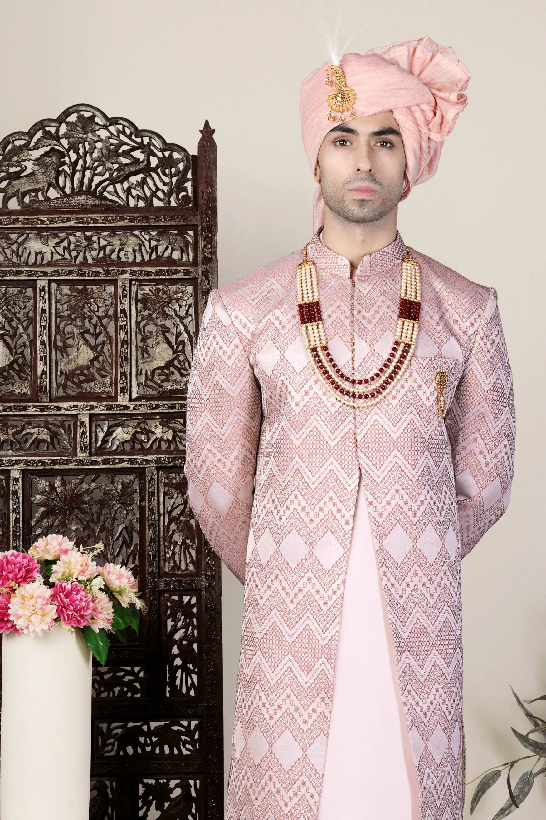 Blossom Pink Thread and Chevron Sequin Embroidered Indo-Western Sherwani