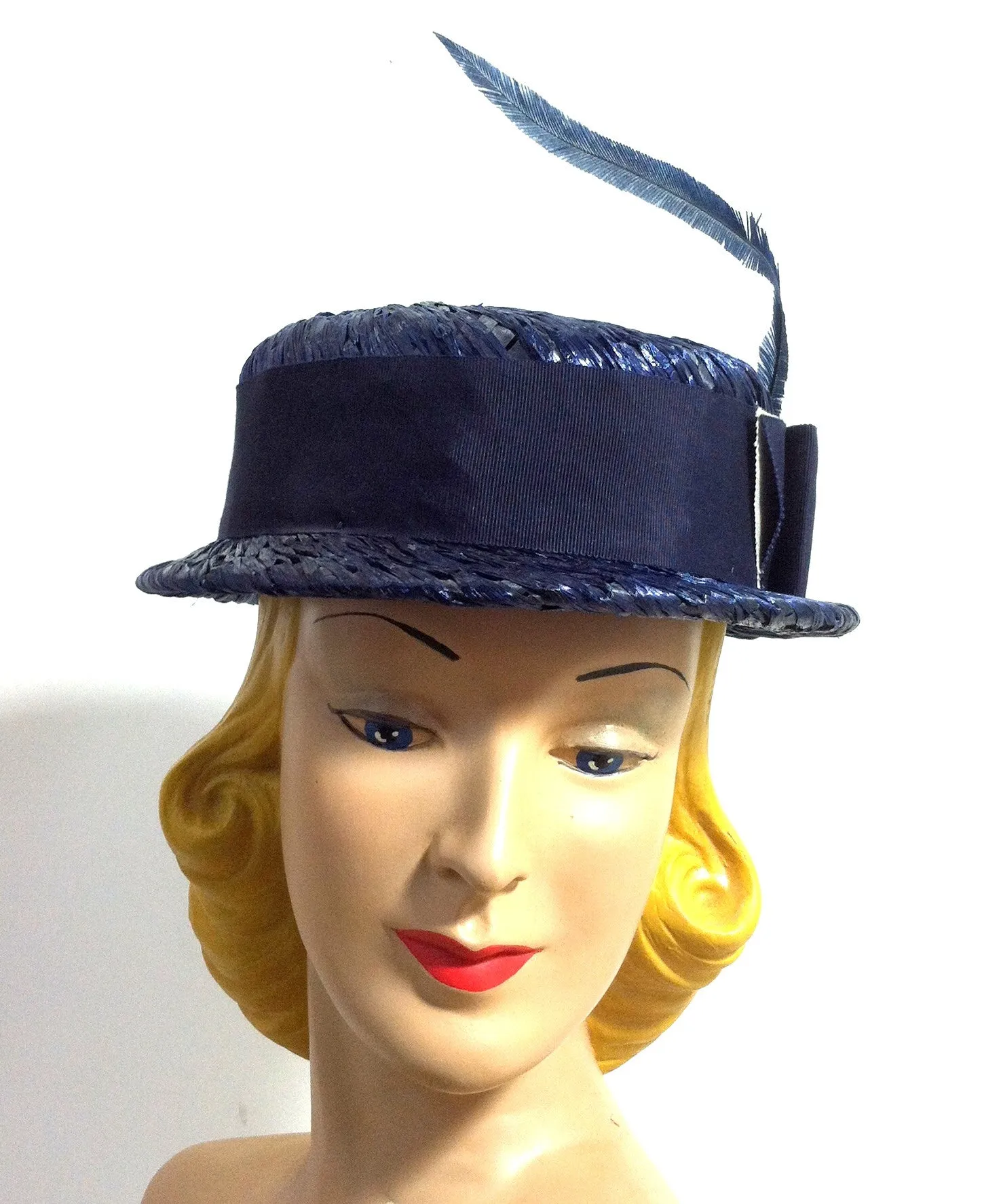 Blue Sisal Straight Brim Hat w/ Narrow Plume circa 1960s