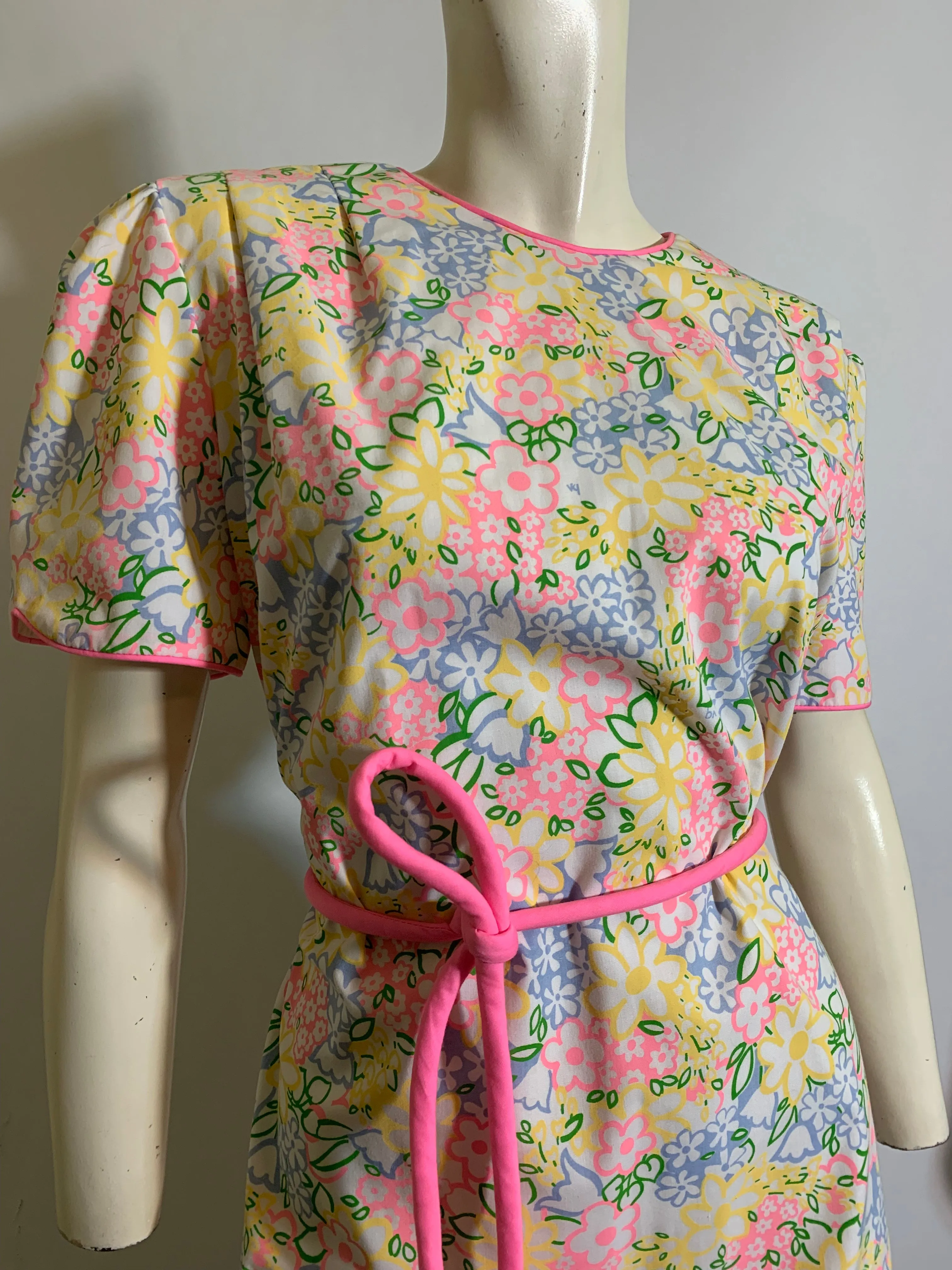 Bright Pastel Sketchwork Floral Print Dress circa 1960s