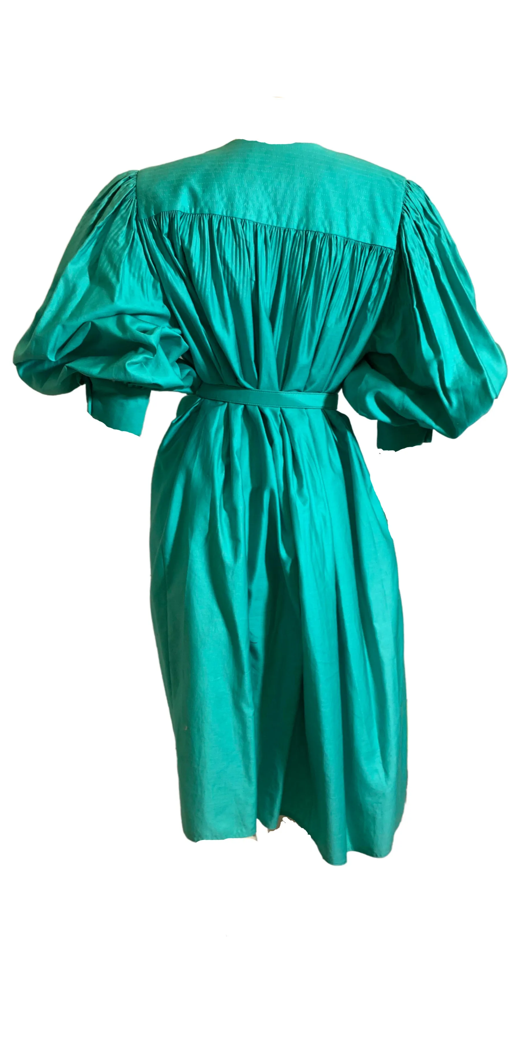 Bright Teal Cotton Belted Tent Dress with Voluminous Puff Sleeves circa 1980s