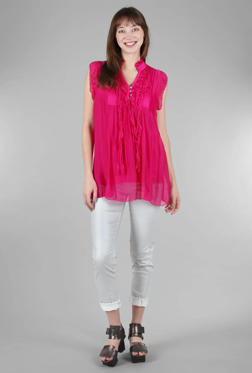 Cap-Sleeve Ruffle Top, Fuchsia