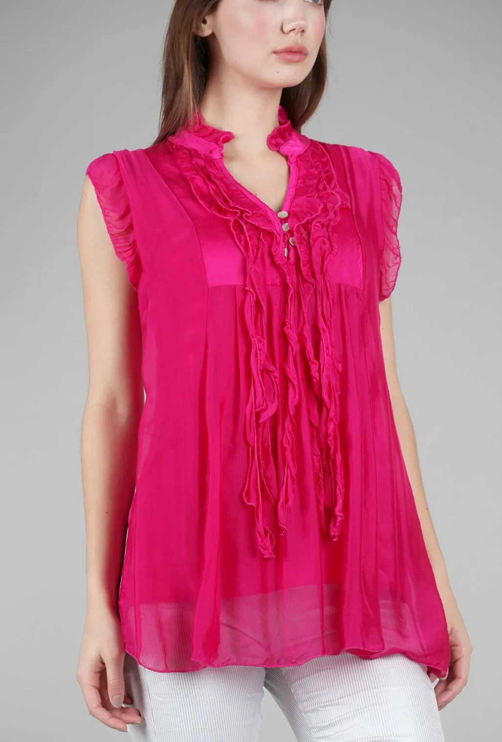 Cap-Sleeve Ruffle Top, Fuchsia