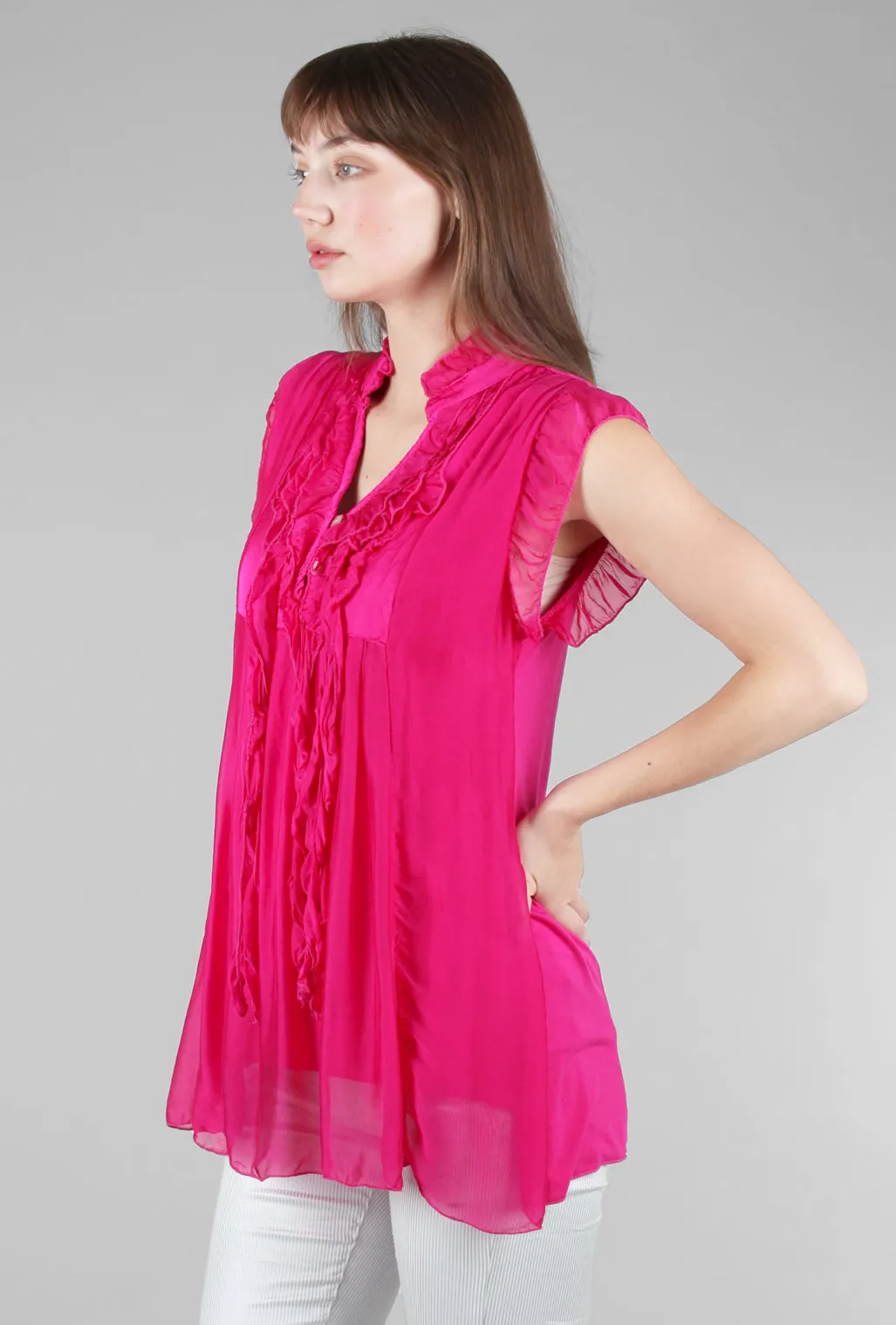 Cap-Sleeve Ruffle Top, Fuchsia