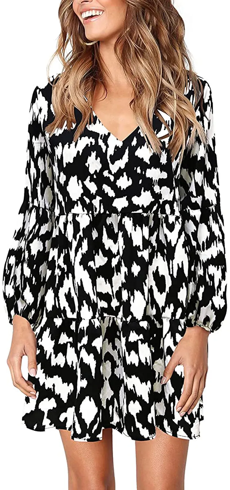 Cosonsen Womens Printed Swing Shift Dress Long Sleeve V Neck Tunic Dress