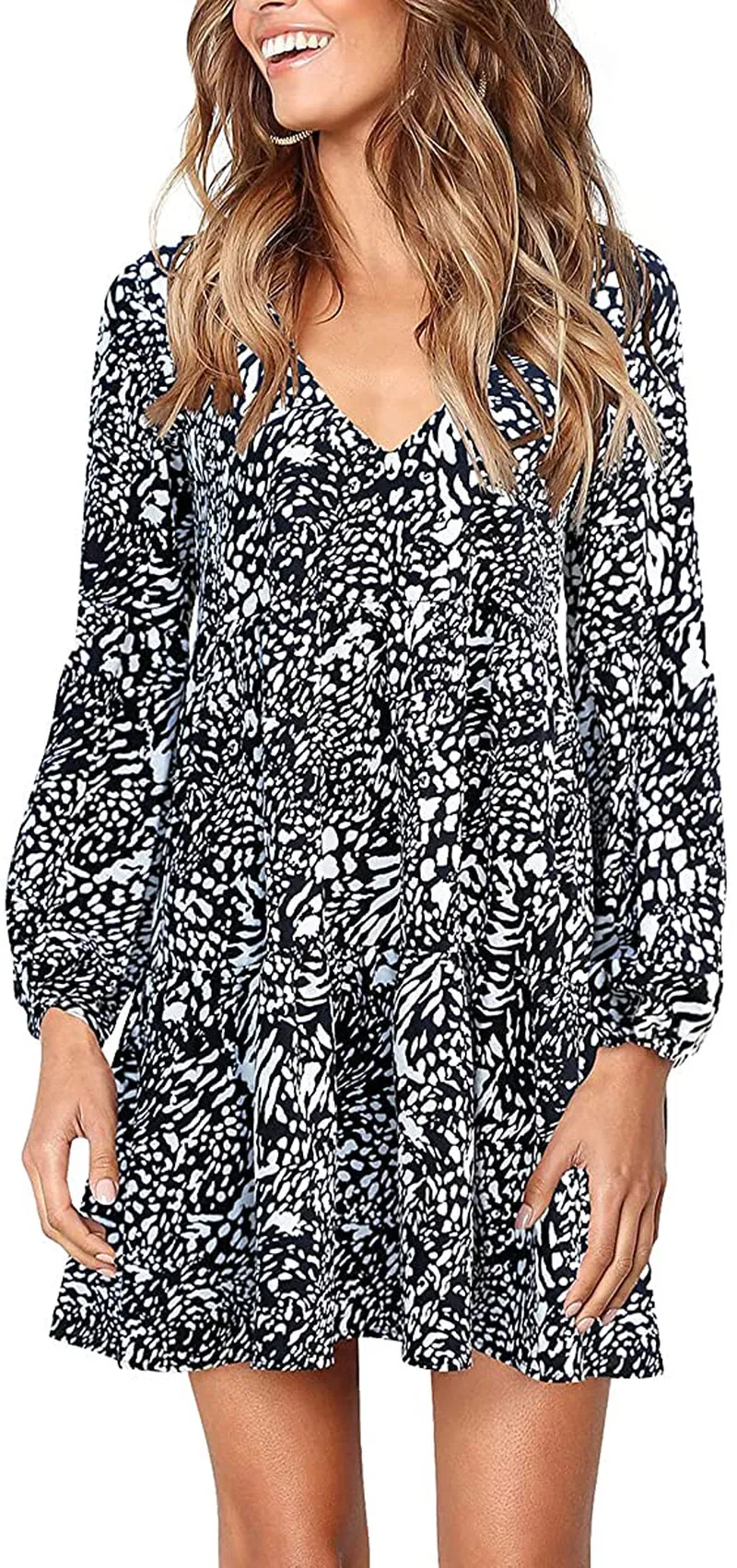 Cosonsen Womens Printed Swing Shift Dress Long Sleeve V Neck Tunic Dress