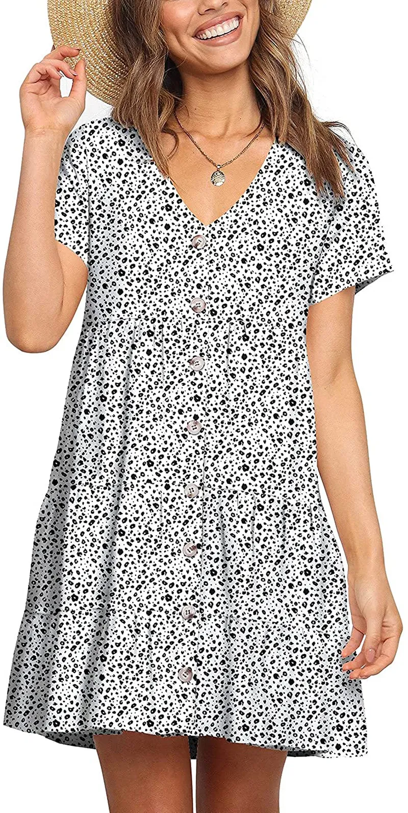 Cosonsen Womens Printed Swing Shift Dress Long Sleeve V Neck Tunic Dress