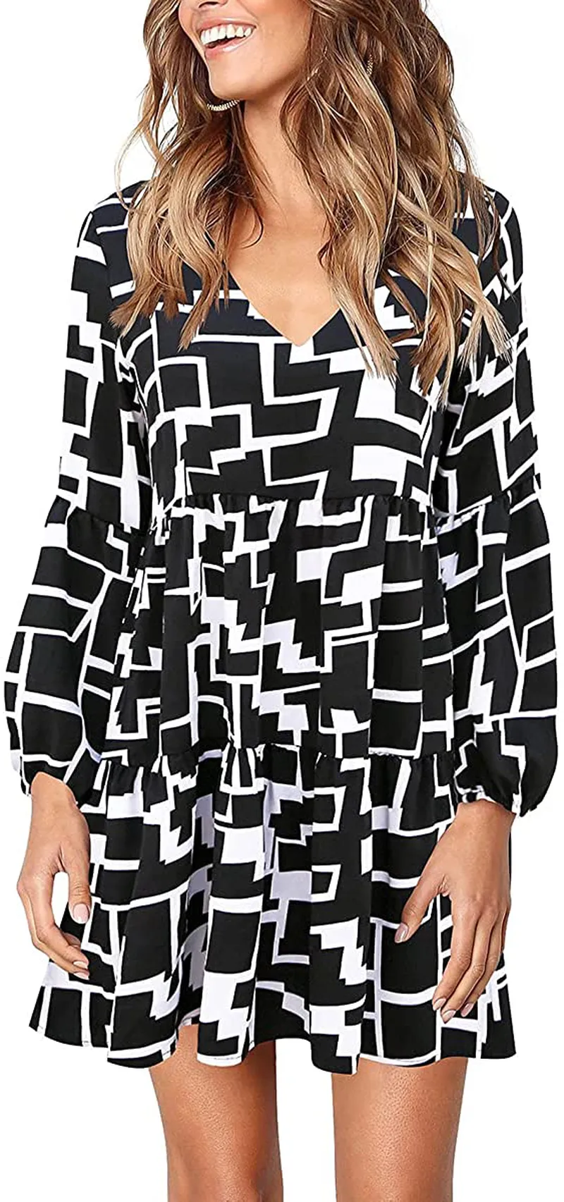 Cosonsen Womens Printed Swing Shift Dress Long Sleeve V Neck Tunic Dress