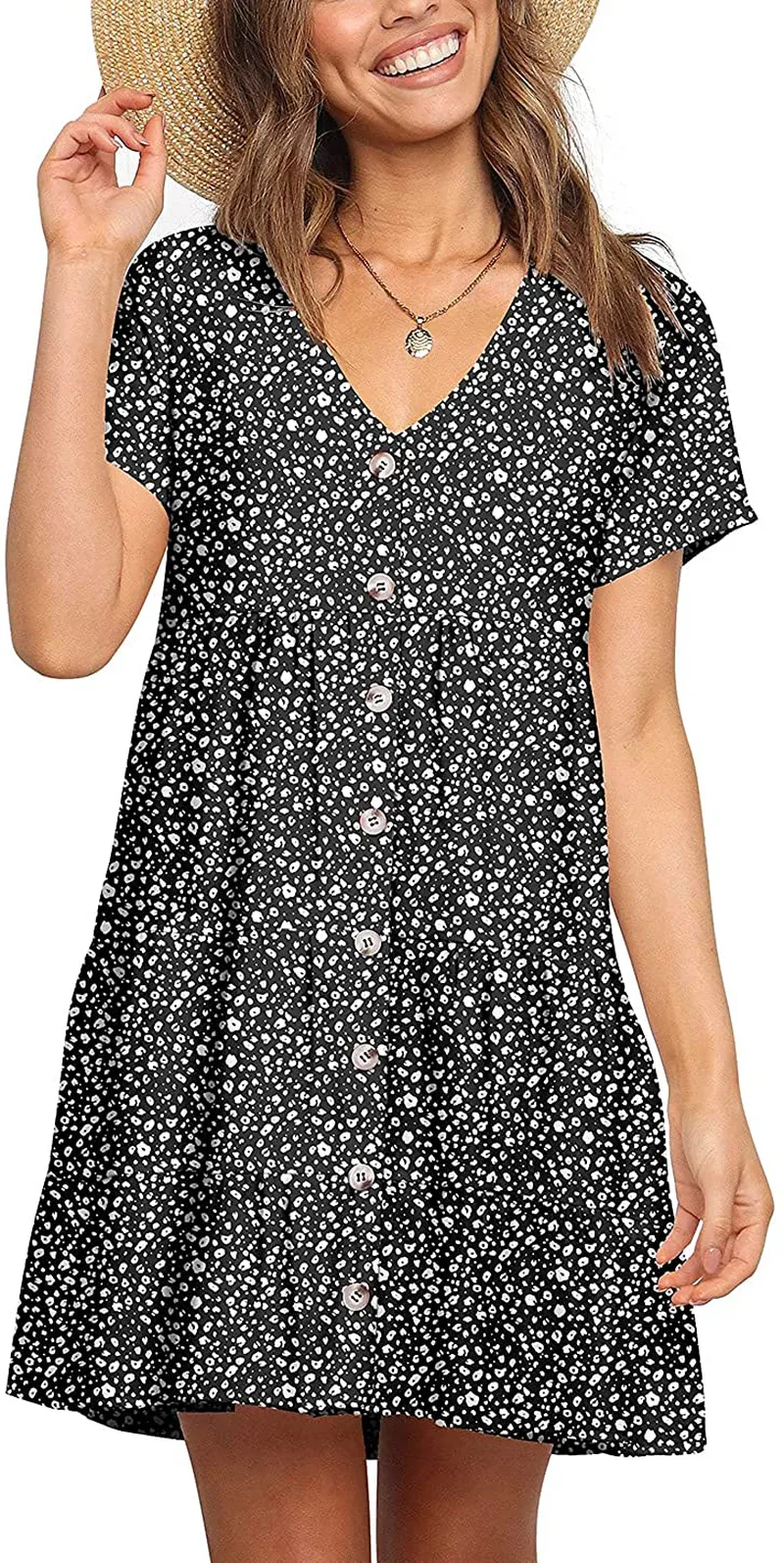 Cosonsen Womens Printed Swing Shift Dress Long Sleeve V Neck Tunic Dress