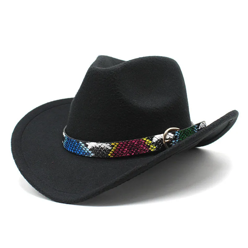 Cowboy Hats Spring and Autumn Woolen Bowler Hat Female Serpentine Belt Western Cowboy Fedora Hat