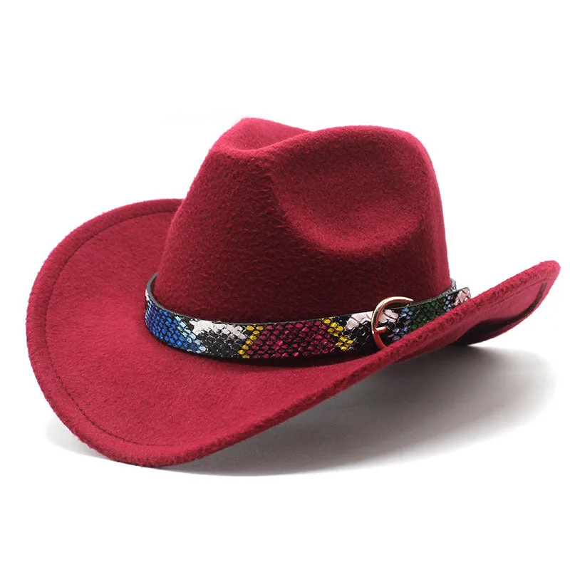 Cowboy Hats Spring and Autumn Woolen Bowler Hat Female Serpentine Belt Western Cowboy Fedora Hat