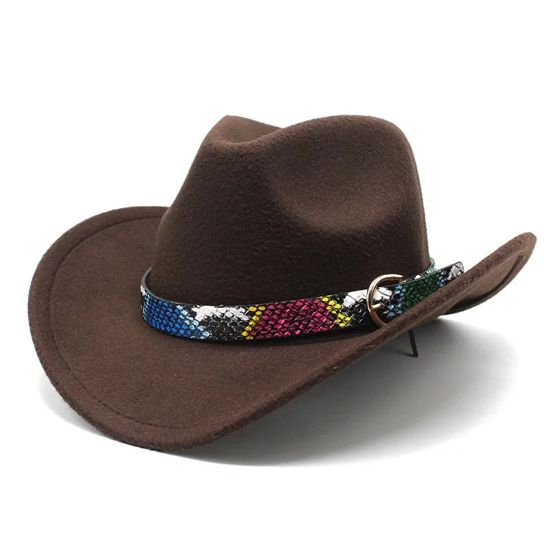 Cowboy Hats Spring and Autumn Woolen Bowler Hat Female Serpentine Belt Western Cowboy Fedora Hat