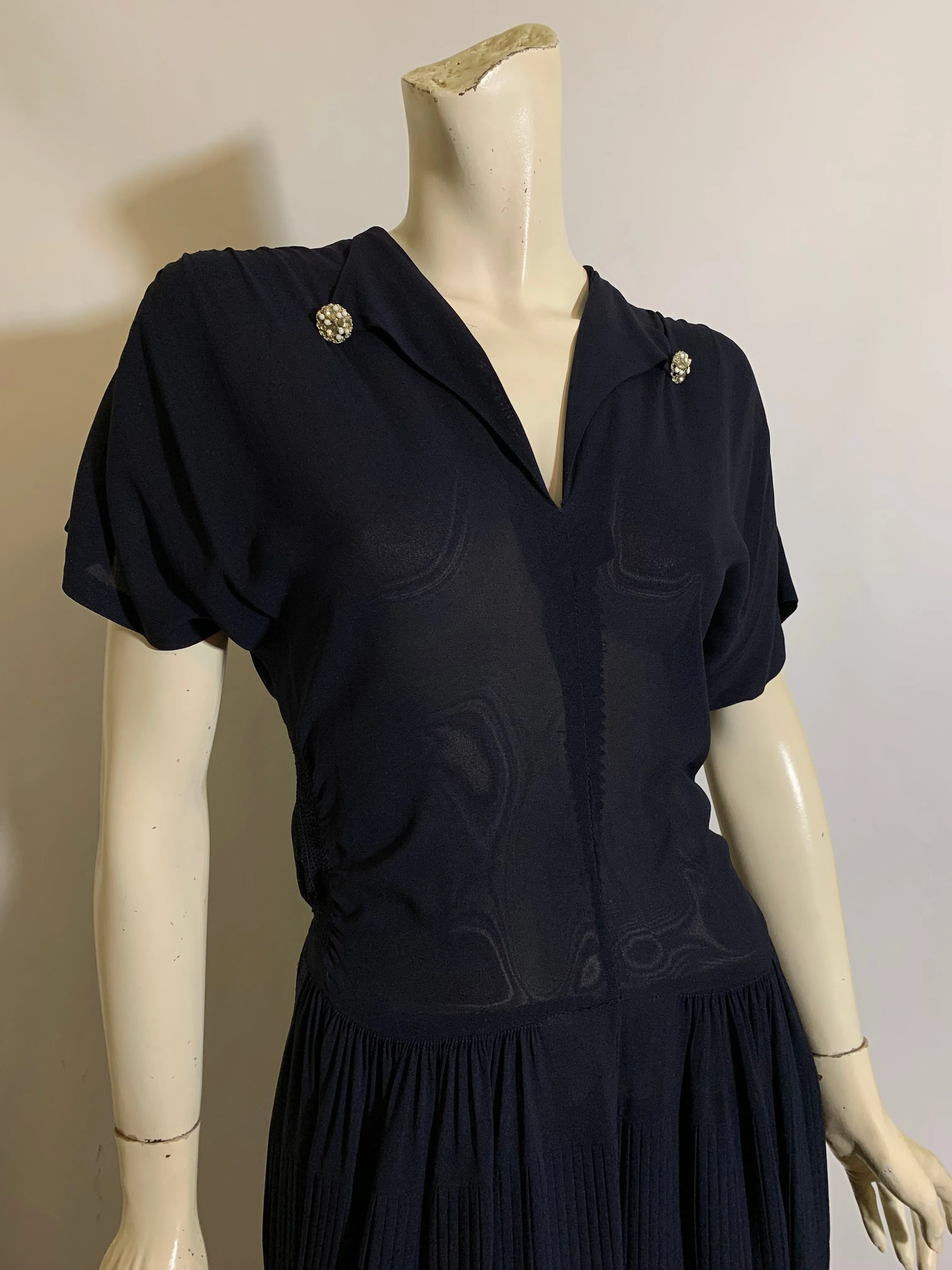 Deep Blue Semi-Sheer Crepe Rayon Dress with Pleated Tiered Skirt circa 1940s