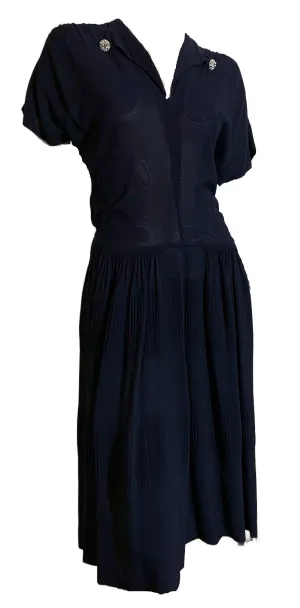 Deep Blue Semi-Sheer Crepe Rayon Dress with Pleated Tiered Skirt circa 1940s