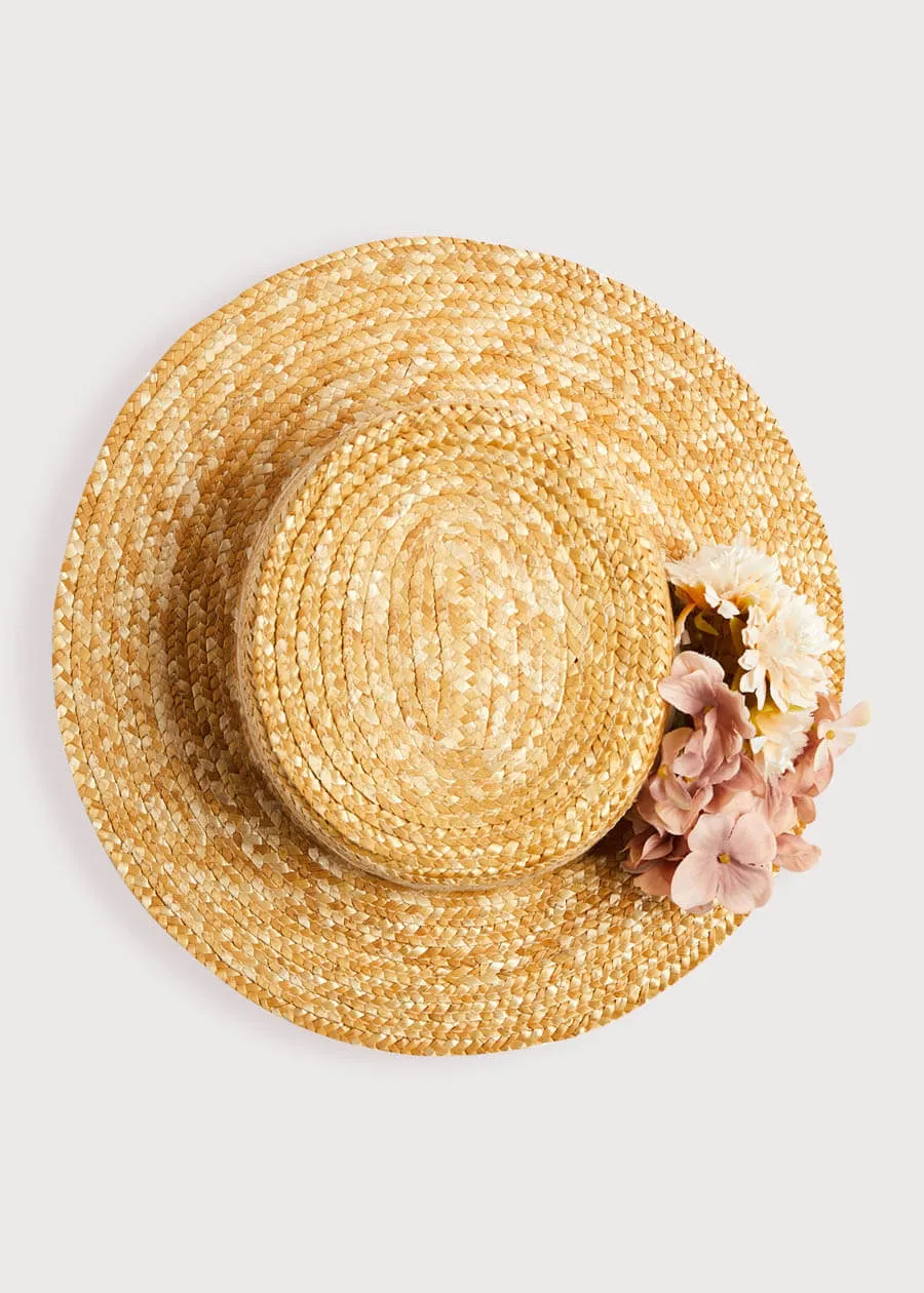 Faux Flower Straw Boater Hat in Pink