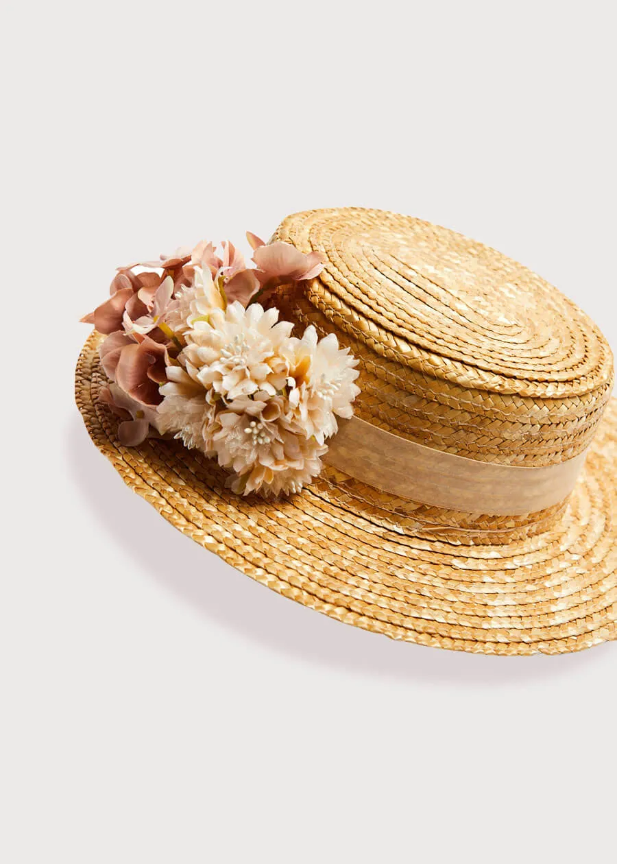 Faux Flower Straw Boater Hat in Pink