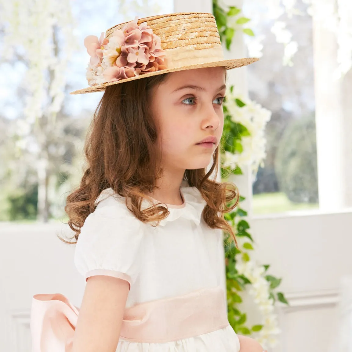 Faux Flower Straw Boater Hat in Pink