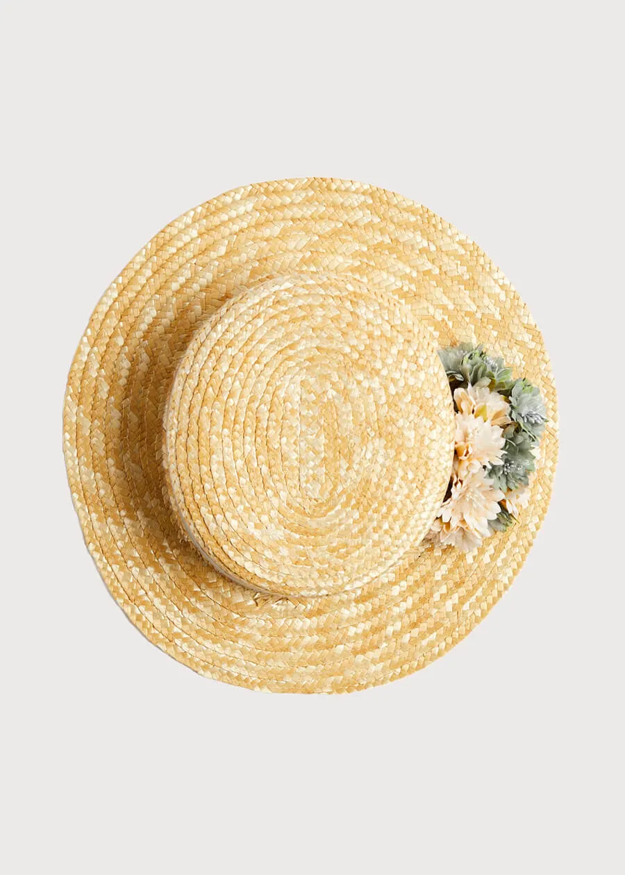 Faux Flower Straw Boater Hat in Teal Blue