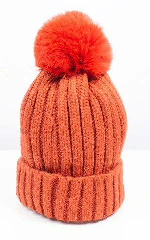 Faux Fur Pom Pom Rib Hat | Rust