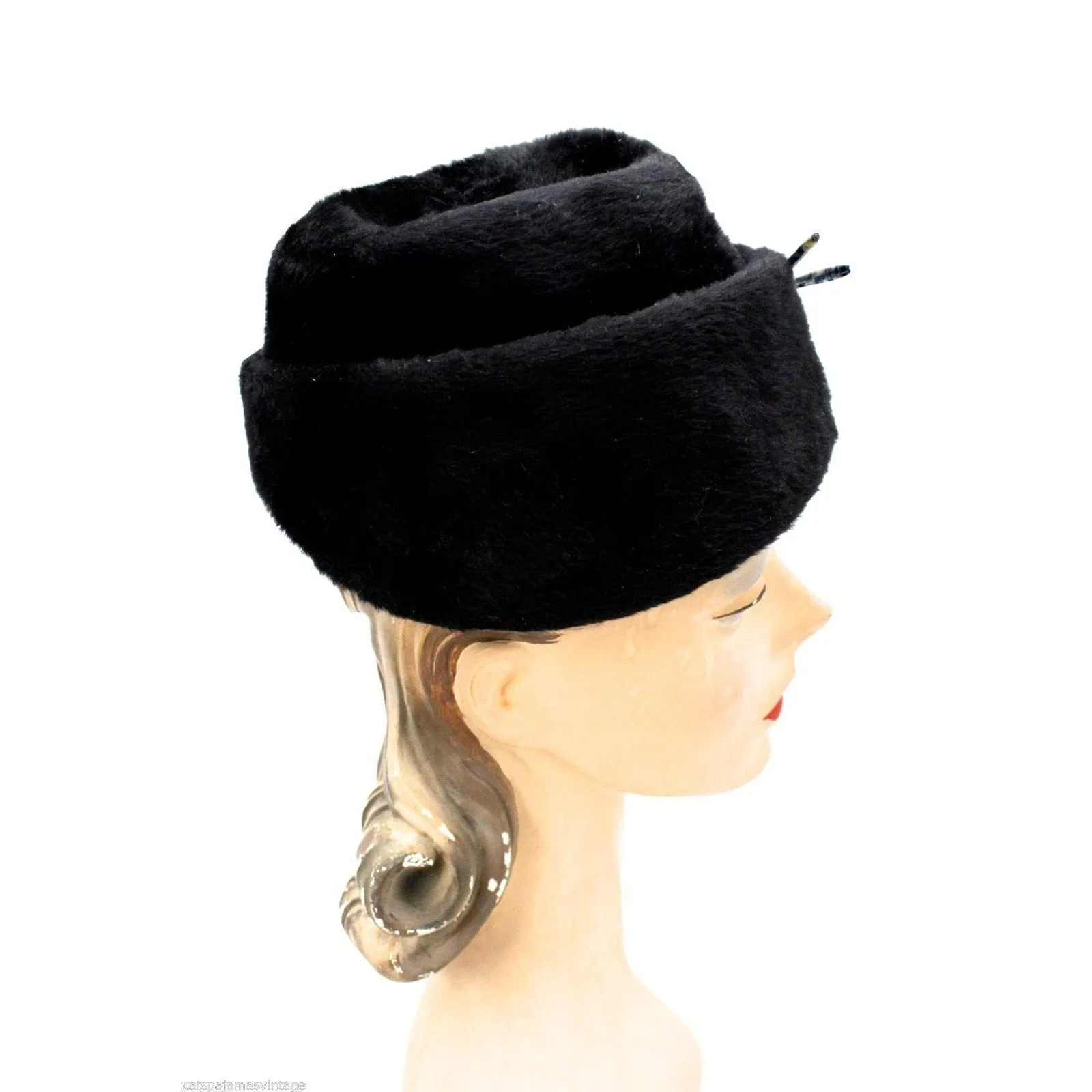 James Campbell VTG Hat Black Mousse Leather Leaves Feathers 1950s   Hat box