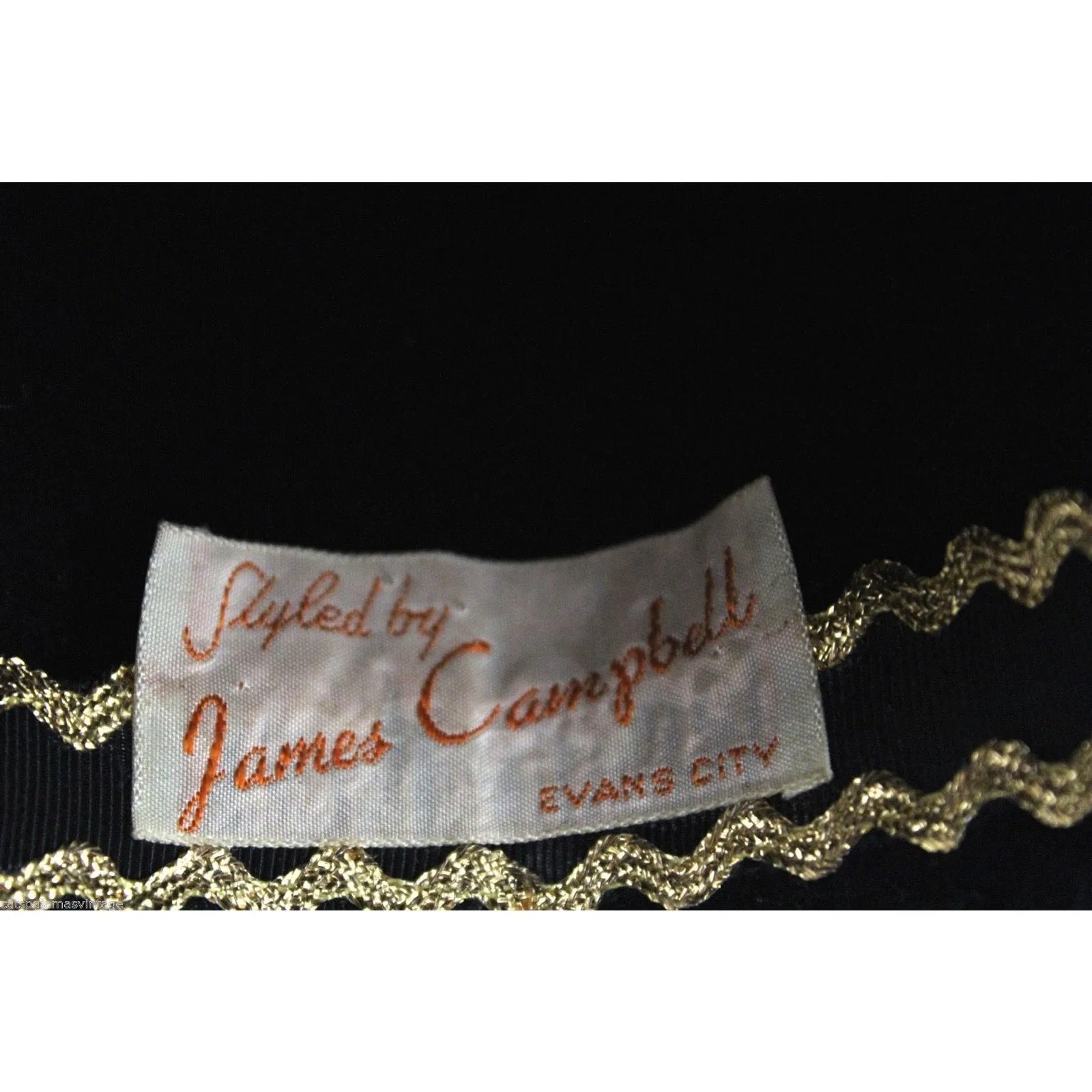 James Campbell VTG Hat Black Mousse Leather Leaves Feathers 1950s   Hat box