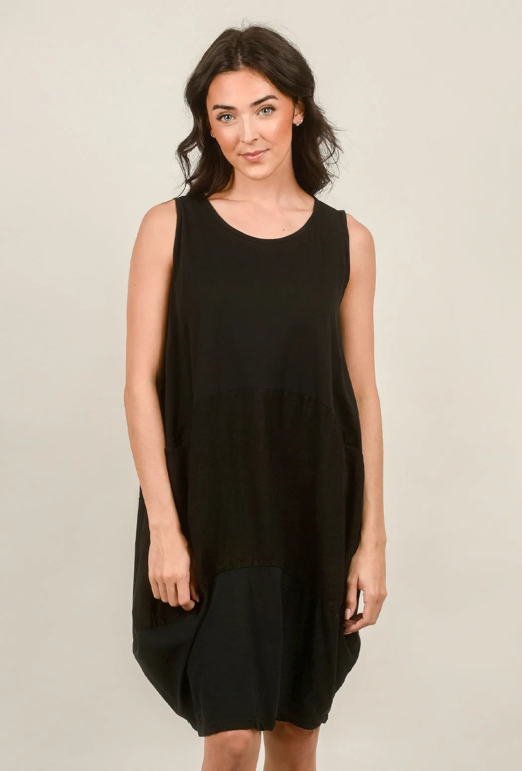 Linen Inset Bubble Dress, Black