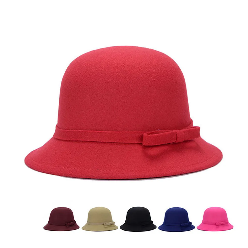 Magik Women Lady Vintage Wool Round Fedora Bow Cloche Derb Felt Bowler Cap Hat