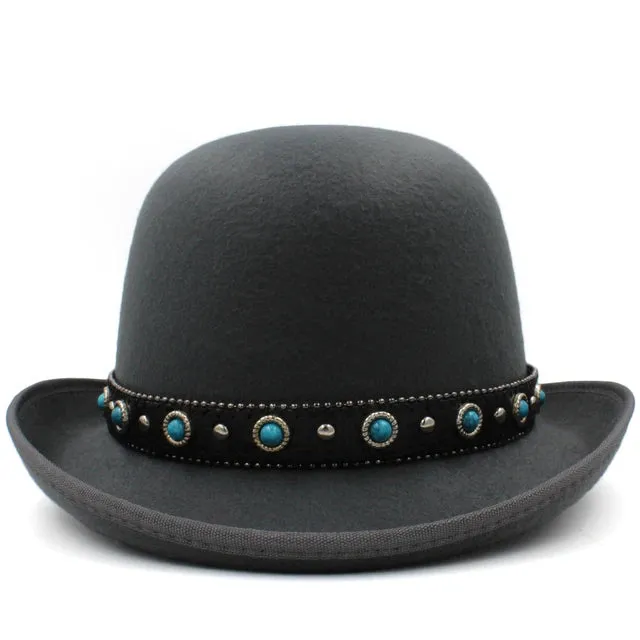 Men Women Wool Blend Oval Top Bowler Hats Woolen Fedora Caps Trilby Classical Derby Sunhat Adjustable UK M-L US 7 1/8-7 3/8