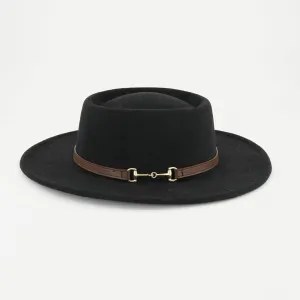 Nova Black Felt Boater Hat With Tan Pu Trim.