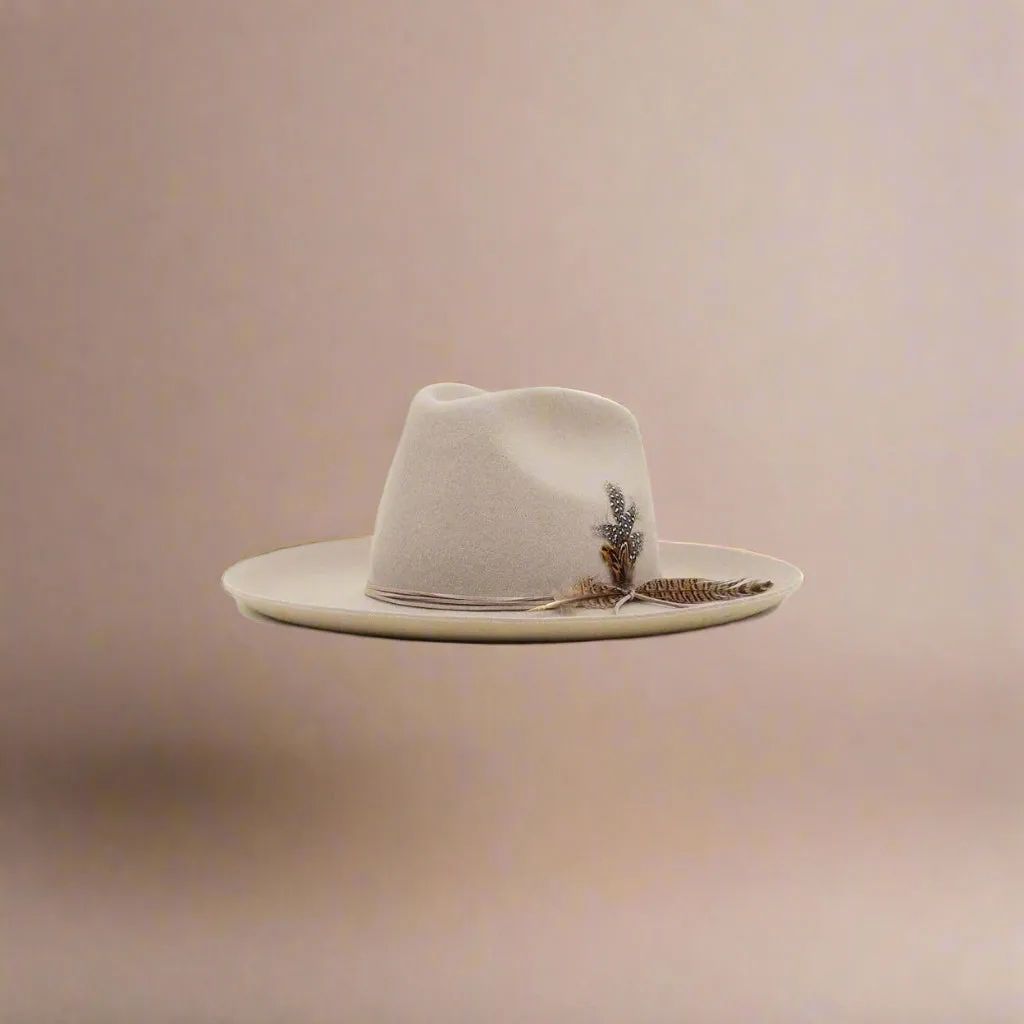 Olive & Pique - Western Cowboy Hat, 100% Wool Felt, Feather Trim, Beige Hat